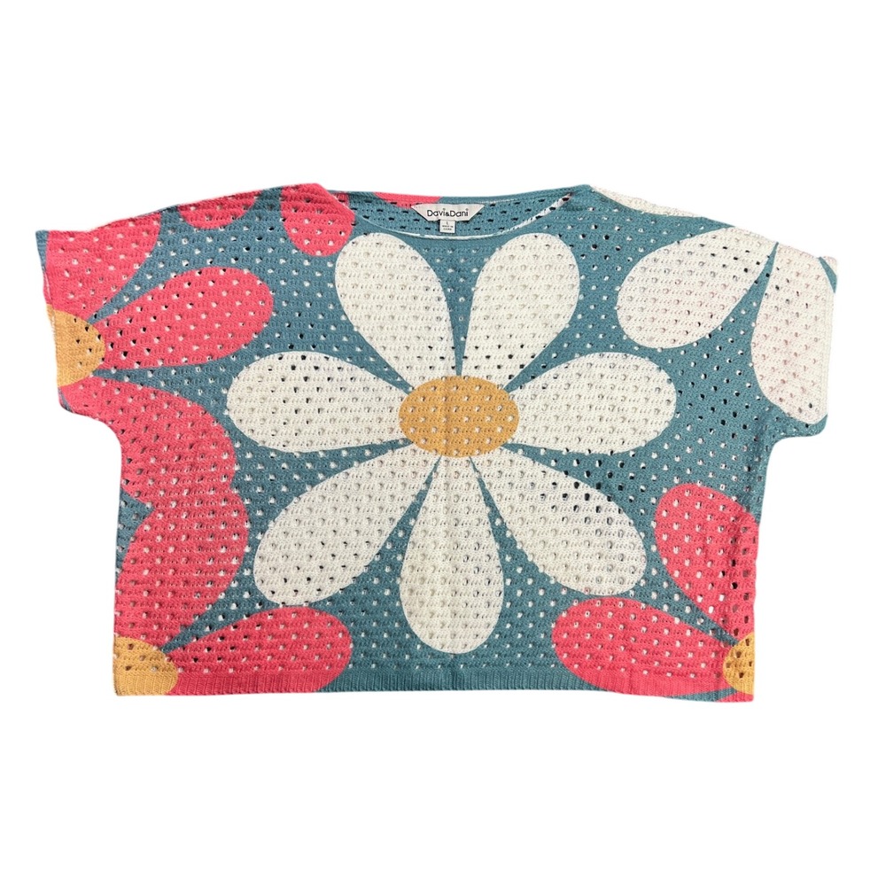 Davi & Dani Women's Large Teal Pink Floral Daisy Crochet  Knit Top DWT40311